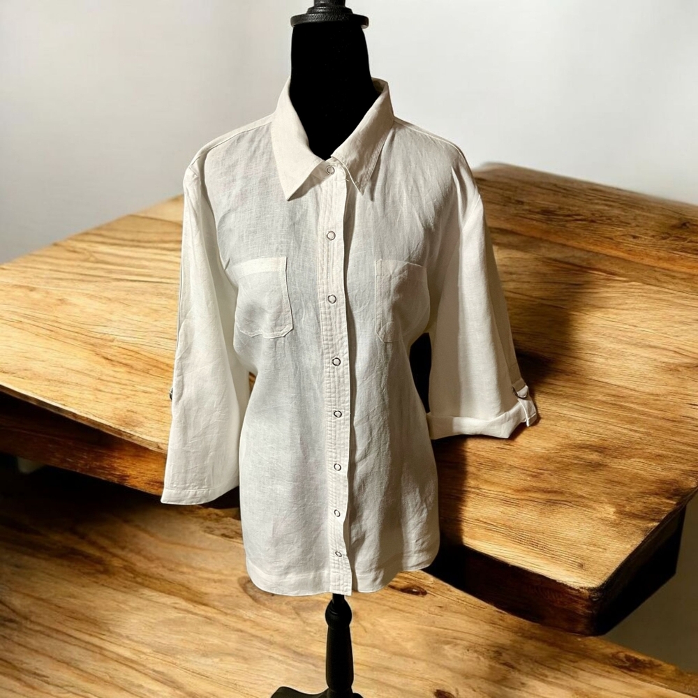 100%Linen Mercer & Madison Button Up Shirt Womens  Tunic Blouse 3/4 Sleeve Sz XL